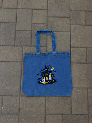 Denim Halloween Bunny Tote Bag PREORDER