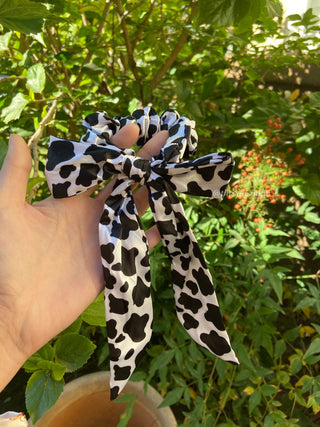 Satin Cow Print Bow scrunchie